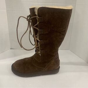 UGG Whitley Tall Brown Suede Boots Sz 7 Lace Up Sheepskin Wool Lining 5122